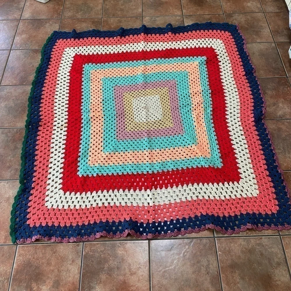 Vintage Handmade Afghan Blanket Throw 60”x60”Crochet Multi-Color